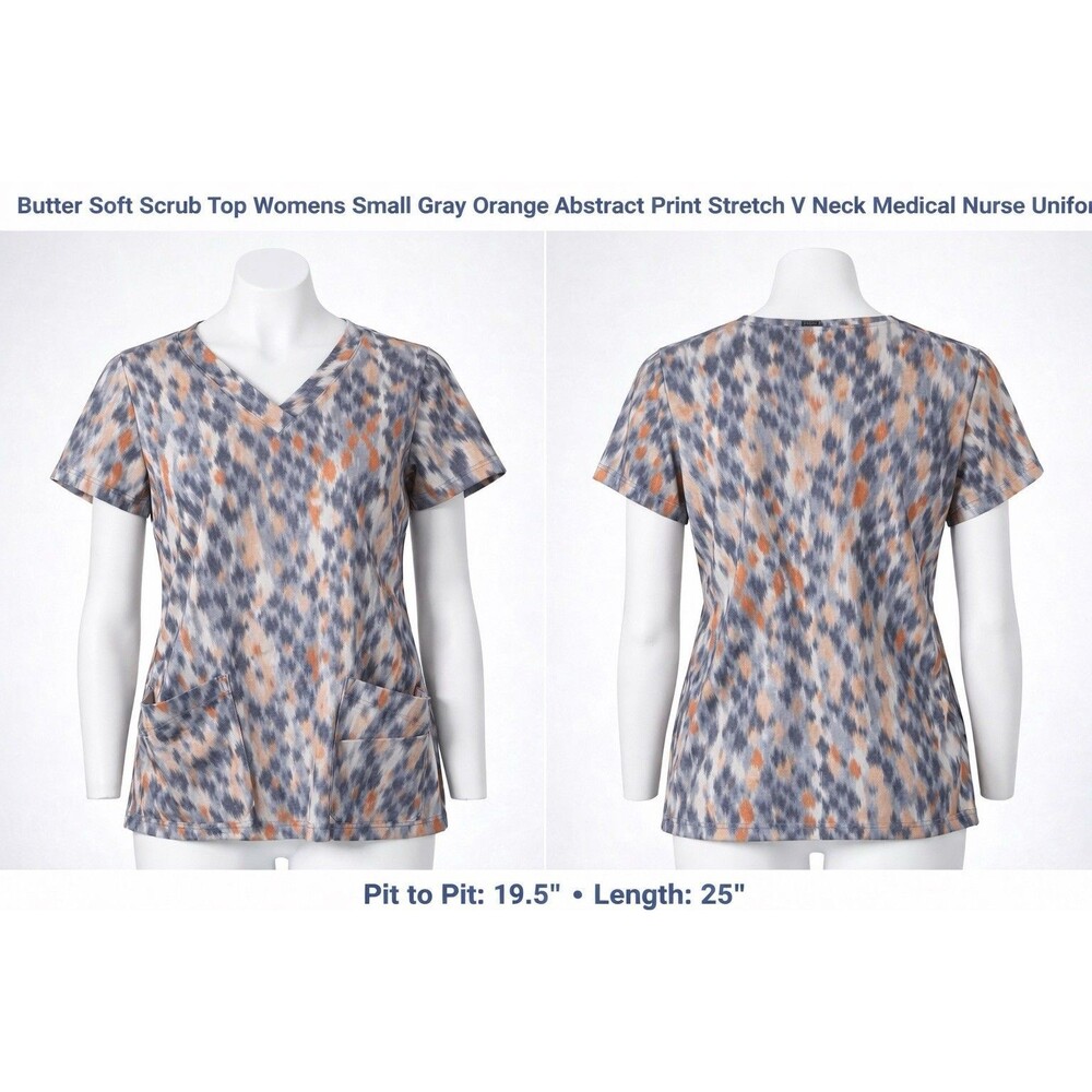 Butter-Soft Stretch Women’s Small Medical Scrub Top Gray Orange Abstract Print